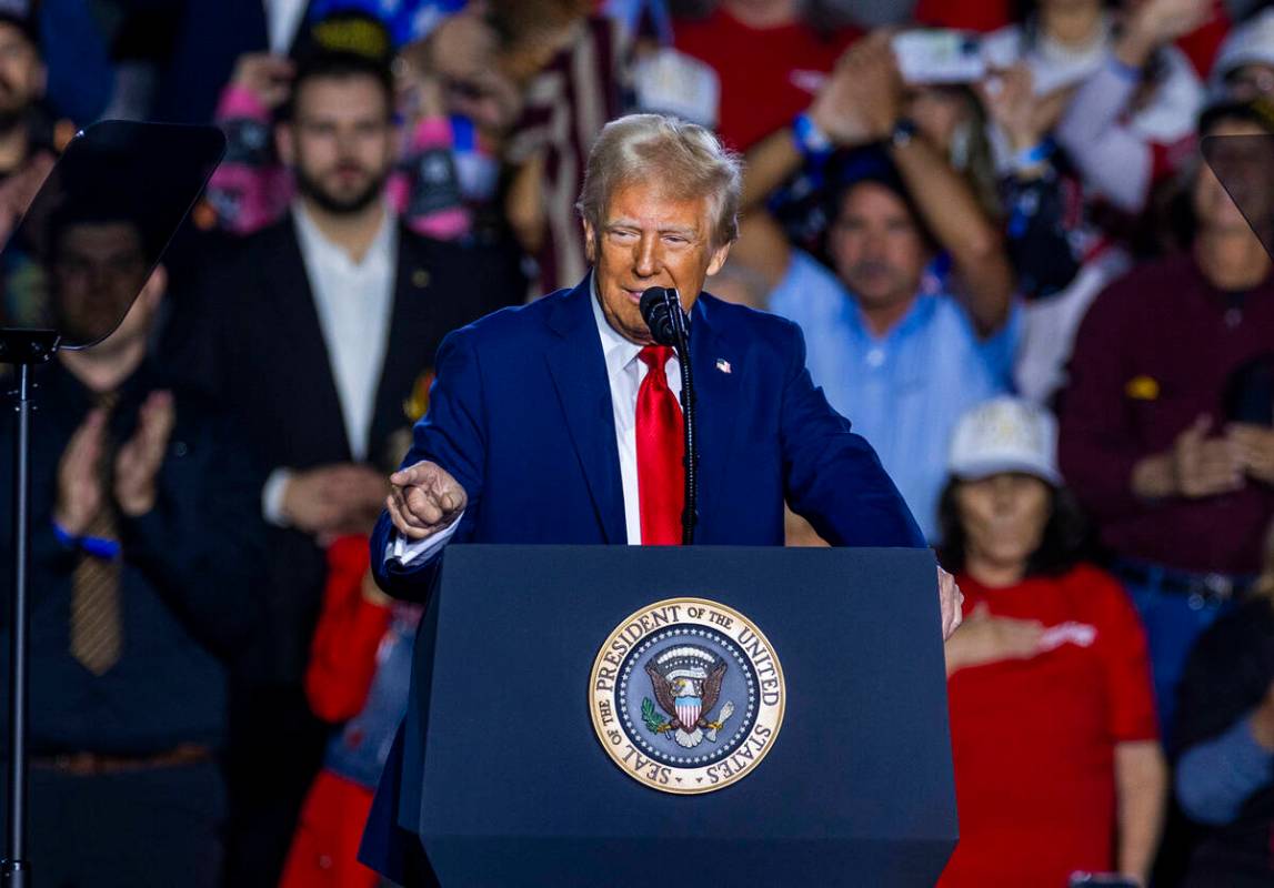 President Donald Trump speaks to supporters at the Circa on Saturday, Jan. 25, 2025, in Las Veg ...