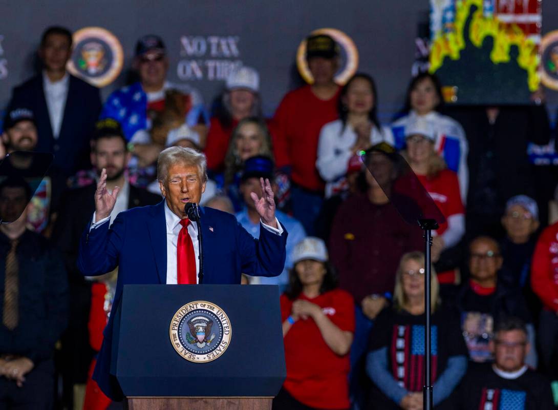 President Donald Trump speaks to supporters at the Circa on Saturday, Jan. 25, 2025, in Las Veg ...