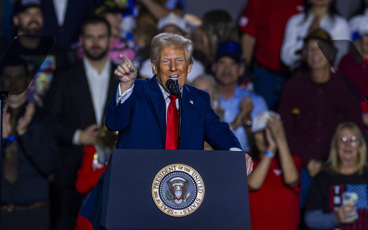 President Donald Trump speaks to supporters at the Circa on Saturday, Jan. 25, 2025, in Las Veg ...