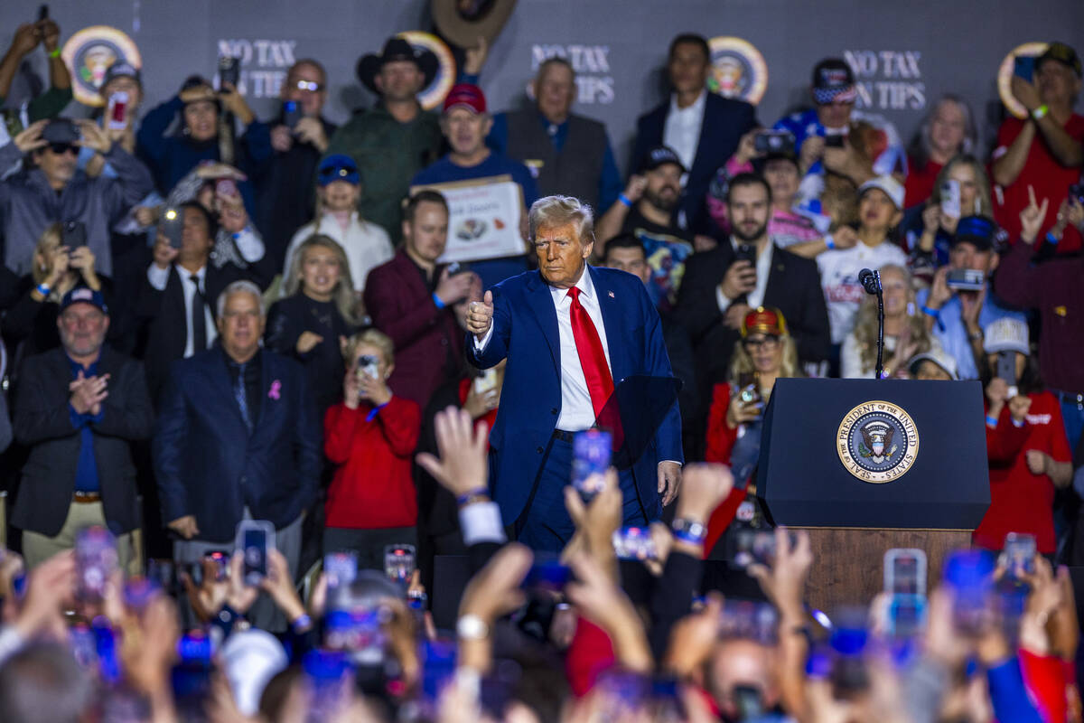 President Donald Trump gives a thumbs up to supporters following his speech at the Circa on Sat ...