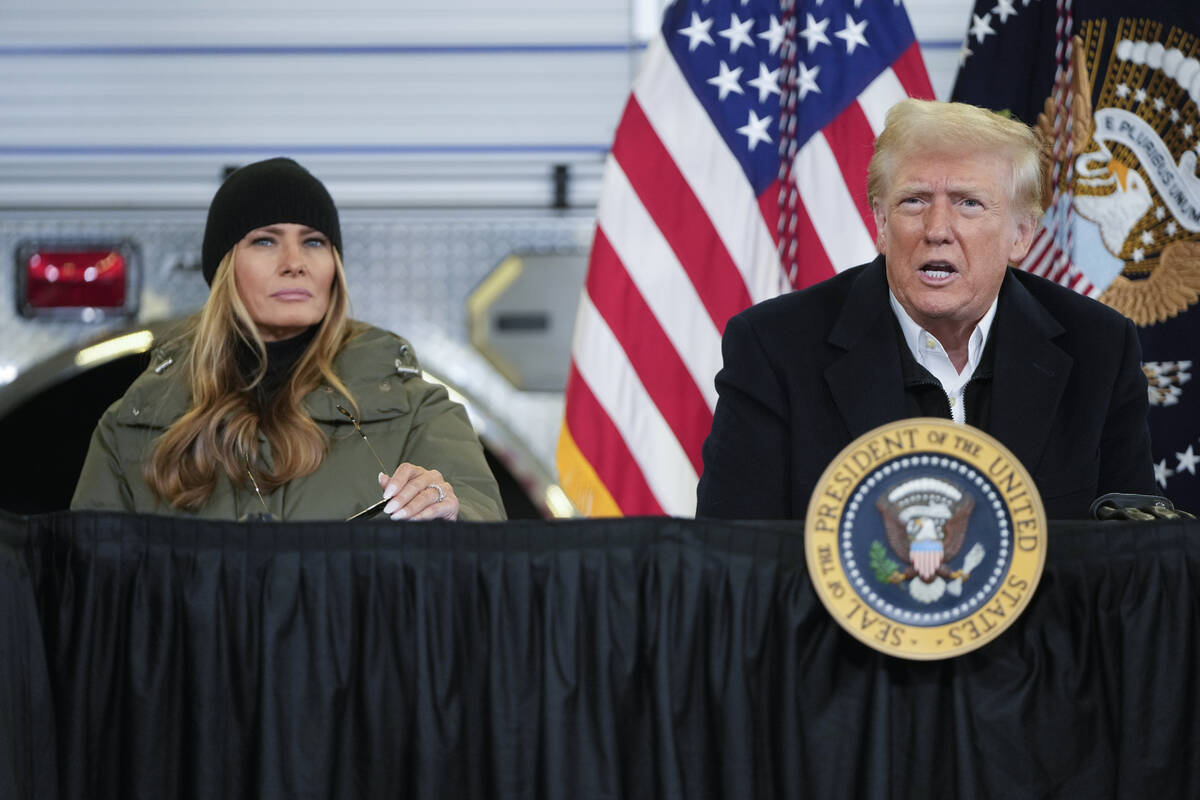 President Donald Trump is briefed on the effects of Hurricane Helene at Asheville Regional Airp ...