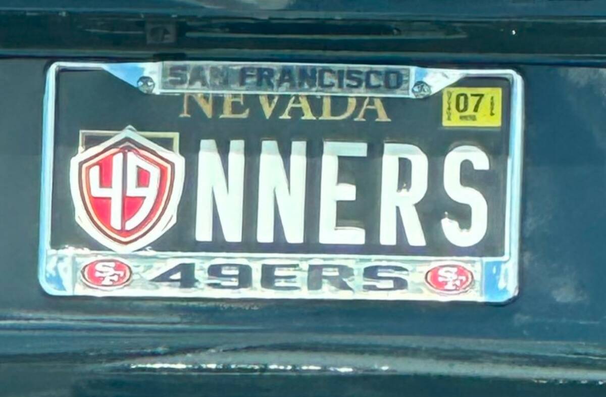 A specialty Vegas Golden Knights Nevada specialty license plate altered by a San Francisco 49er ...