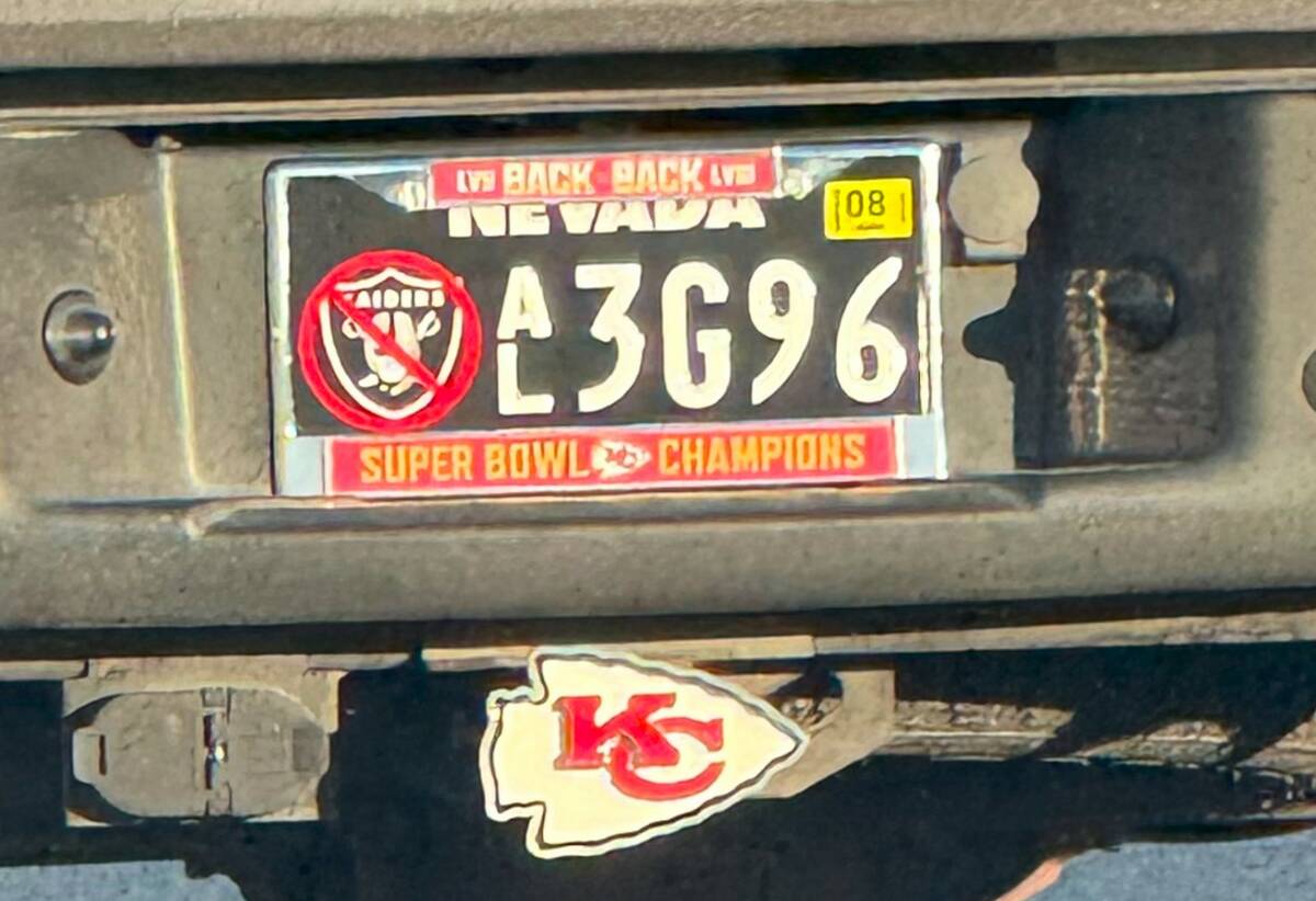 A Raiders specialty Nevada license plate altered by a Kansas City Chiefs fan. (Mick Akers/Las V ...