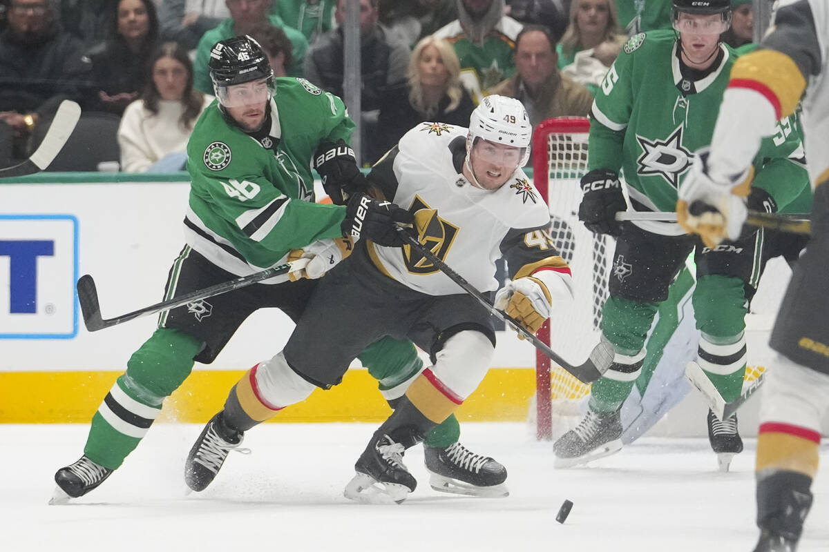 Dallas Stars defenseman Ilya Lyubushkin, left, and Vegas Golden Knights center Ivan Barbashev c ...