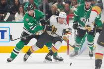 Dallas Stars defenseman Ilya Lyubushkin, left, and Vegas Golden Knights center Ivan Barbashev c ...