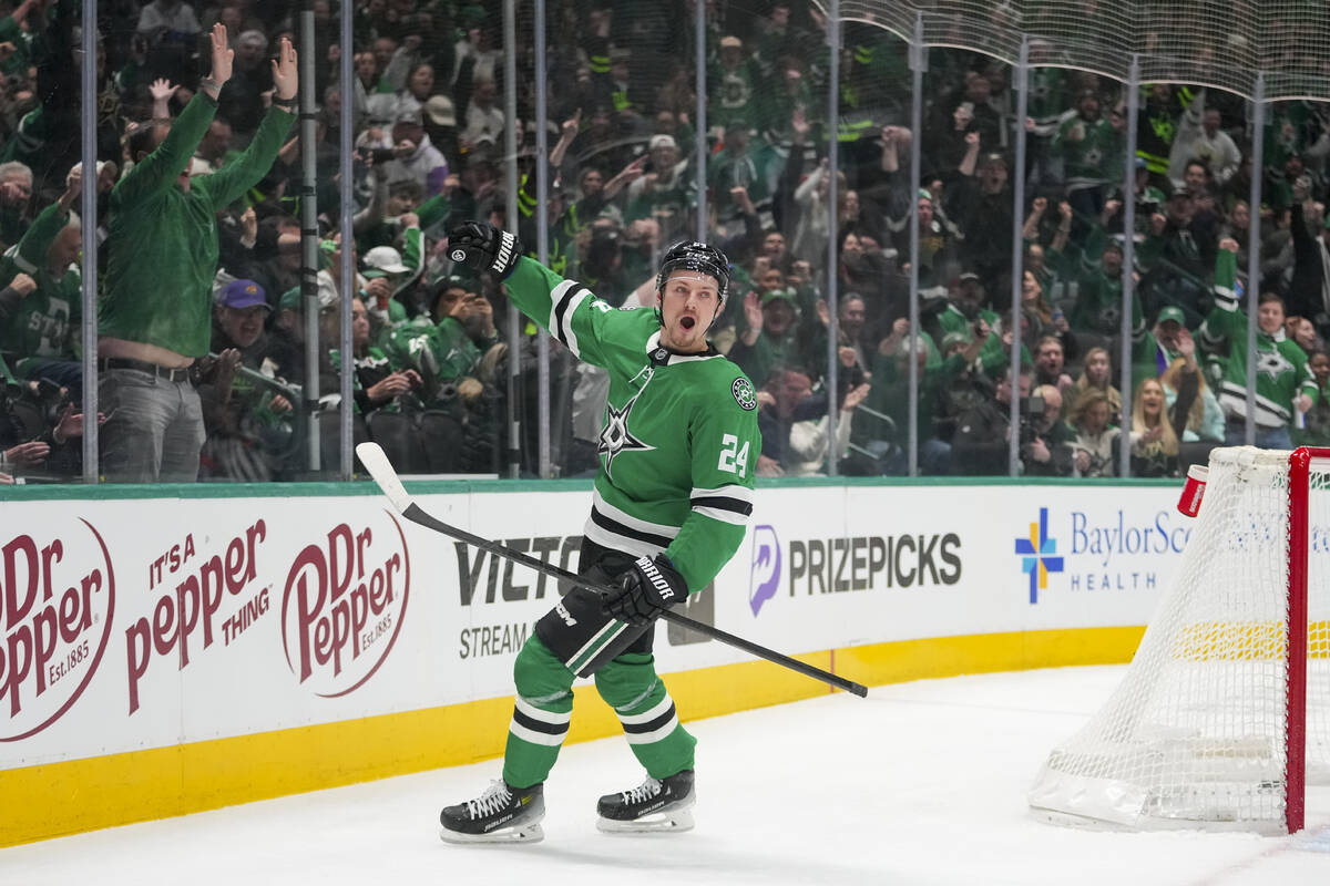 Dallas Stars center Roope Hintz celebrates after scoring a goal against the Vegas Golden Knight ...