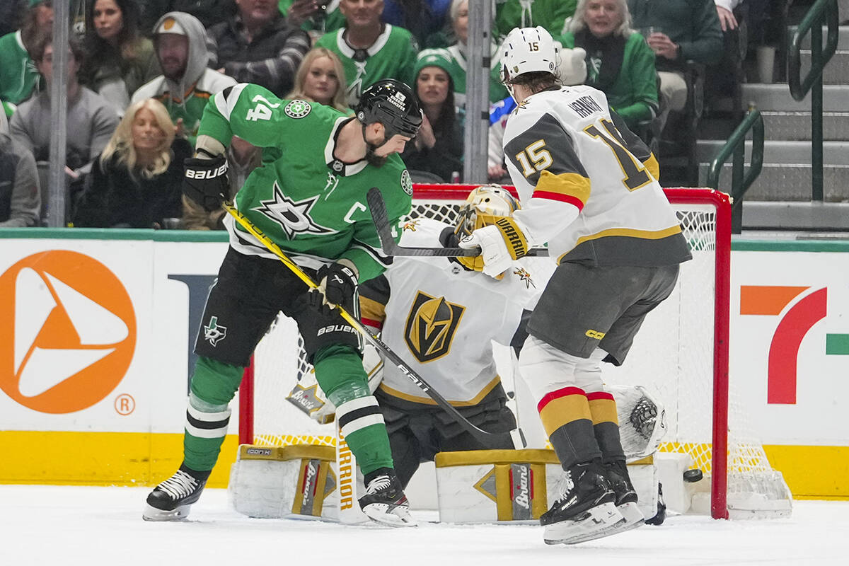 Dallas Stars left wing Jamie Benn (14) looks on as his shot enters the net of Vegas Golden Knig ...