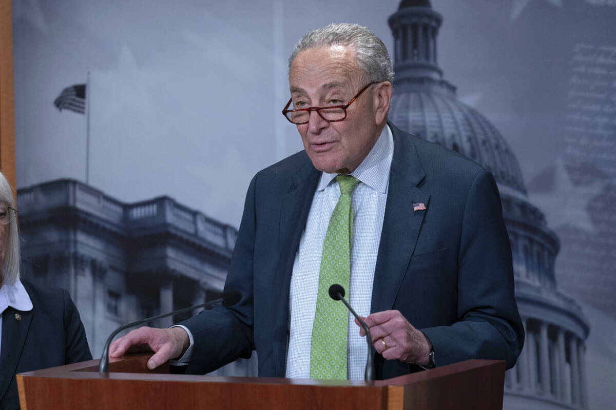 Senate Minority Leader Chuck Schumer, D-N.Y., speaks during a news conference on Capitol Hill i ...