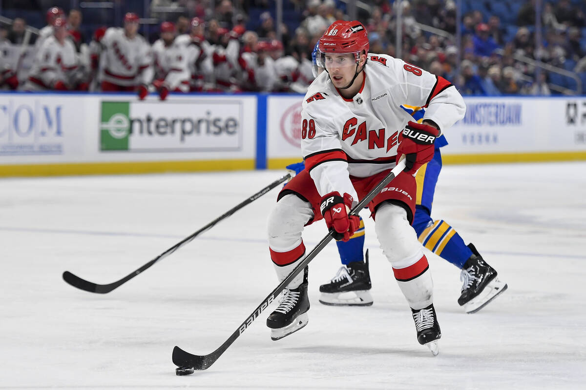 Carolina Hurricanes center Martin Necas (88) skates with the puck during the first period of an ...