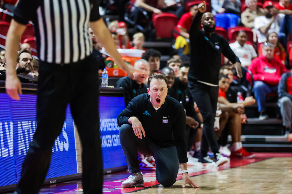 New Mexico Lobos head coach Richard Pitino yells to his team during an NCAA basketball game bet ...