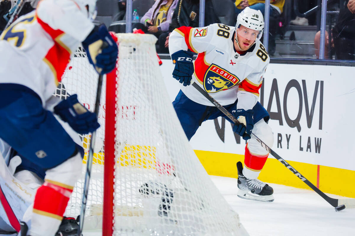 Florida Panthers defenseman Nate Schmidt (88) skates the puck behind the net during an NHL hock ...