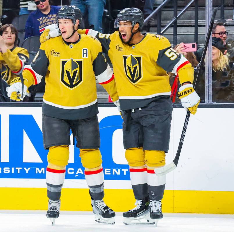 Golden Knights defenseman Brayden McNabb (3) and Golden Knights right wing Keegan Kolesar (55) ...