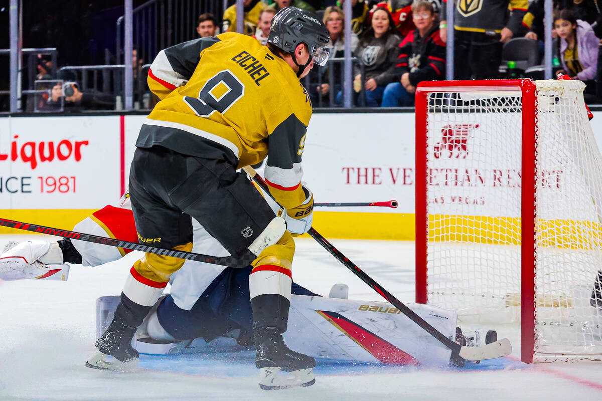 Golden Knights center Jack Eichel (9) scores a goal during an NHL hockey game between the Golde ...