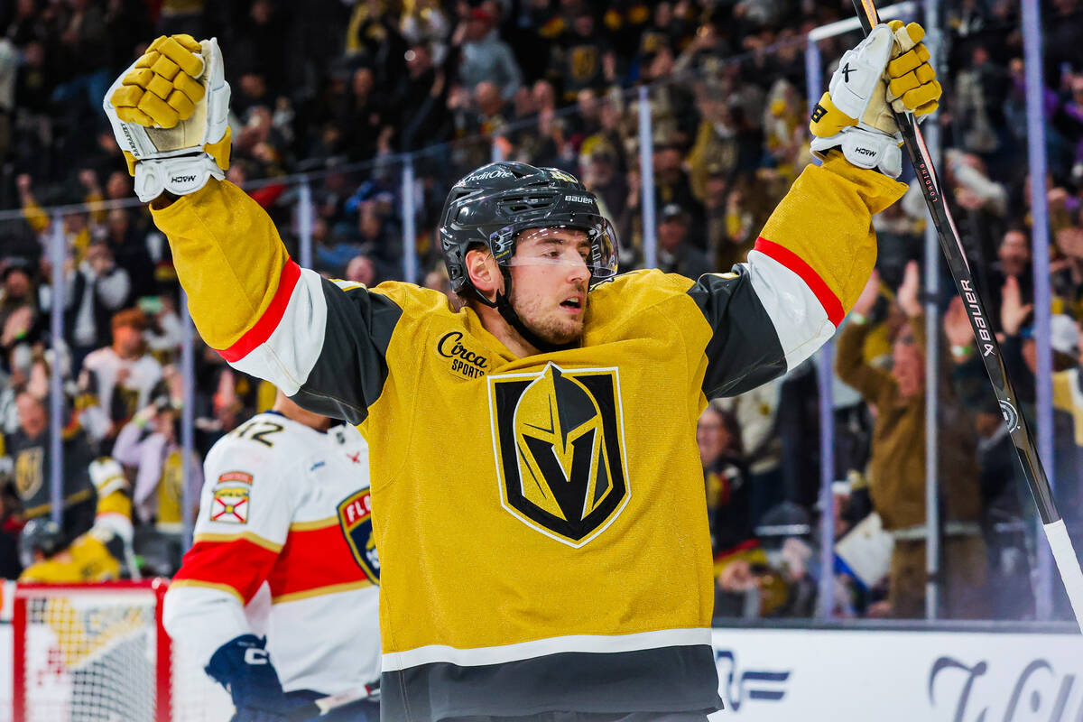 Golden Knights center Ivan Barbashev (49) celebrates a goal during an NHL hockey game between t ...