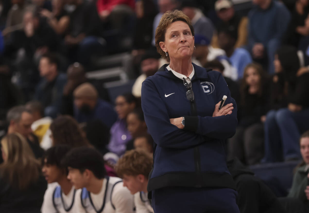 Centennial's head coach Karen Weitz looks on during a basketball game against Bishop Gorman at ...