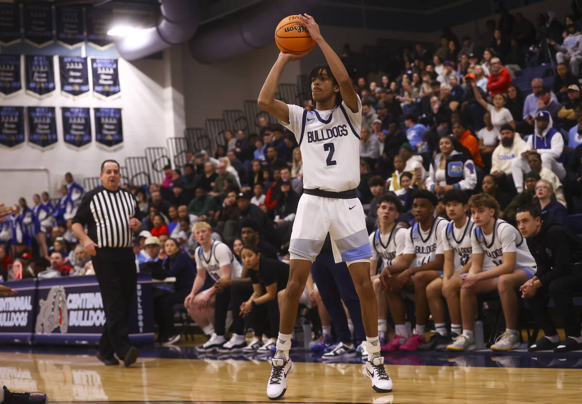 Centennial's Zyon Harris (2) shoots against Bishop Gorman during a basketball game at Centennia ...