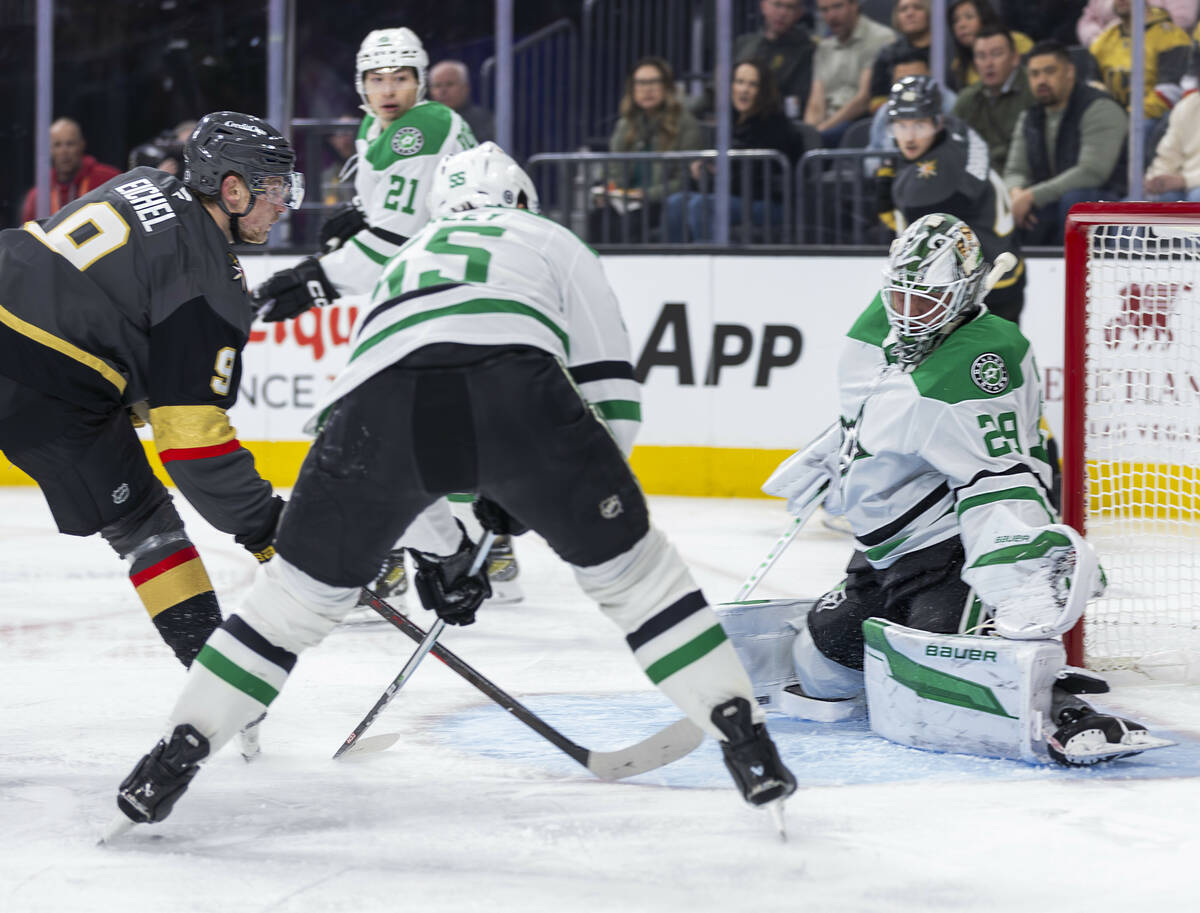 Golden Knights center Jack Eichel (9) scores against Dallas Stars goaltender Jake Oettinger (29 ...