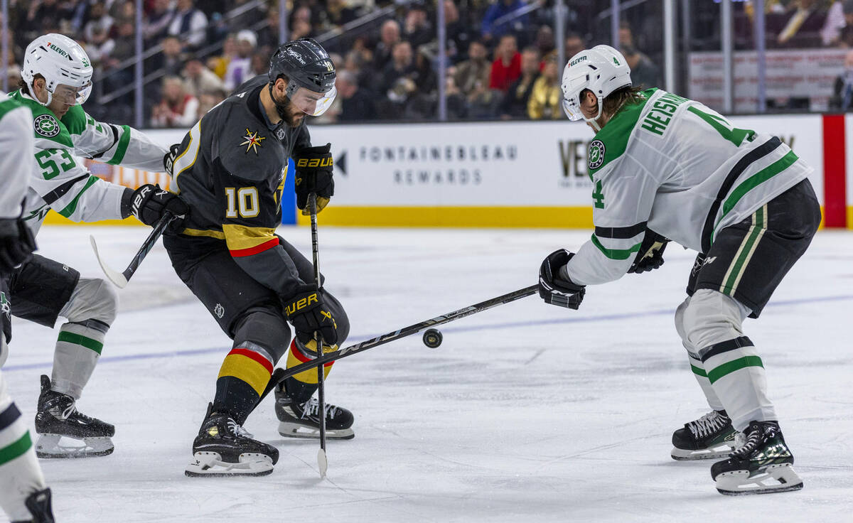 Golden Knights center Nicolas Roy (10) advances the puck against Dallas Stars defenseman Miro H ...