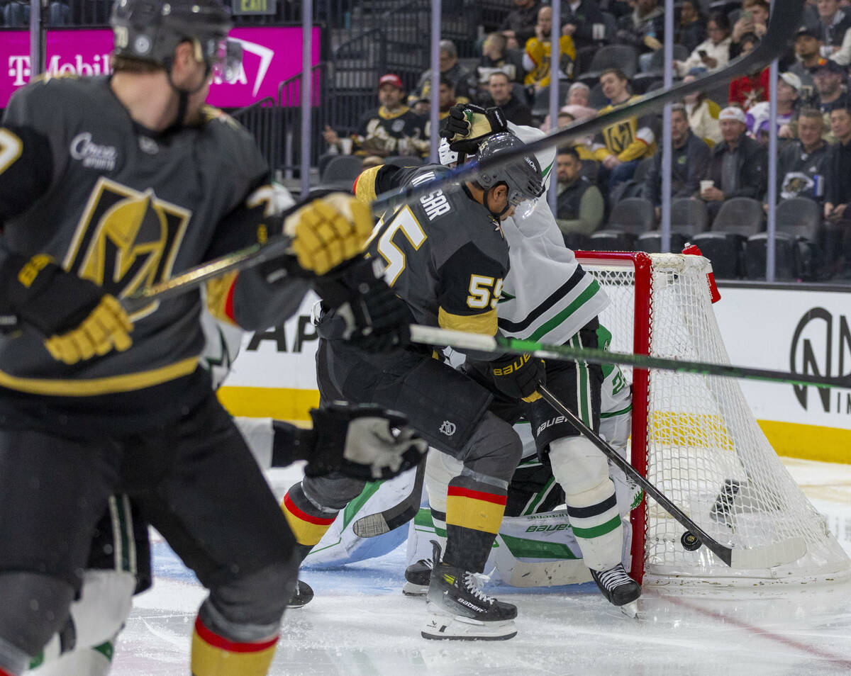 Golden Knights right wing Keegan Kolesar (55) works to take a shot against the Dallas Stars dur ...