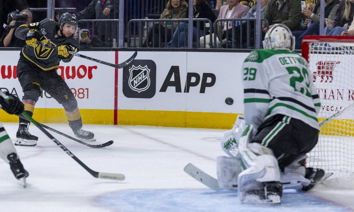 Golden Knights right wing Jonas Rondbjerg (46) takes a shot on goal against Dallas Stars goalte ...