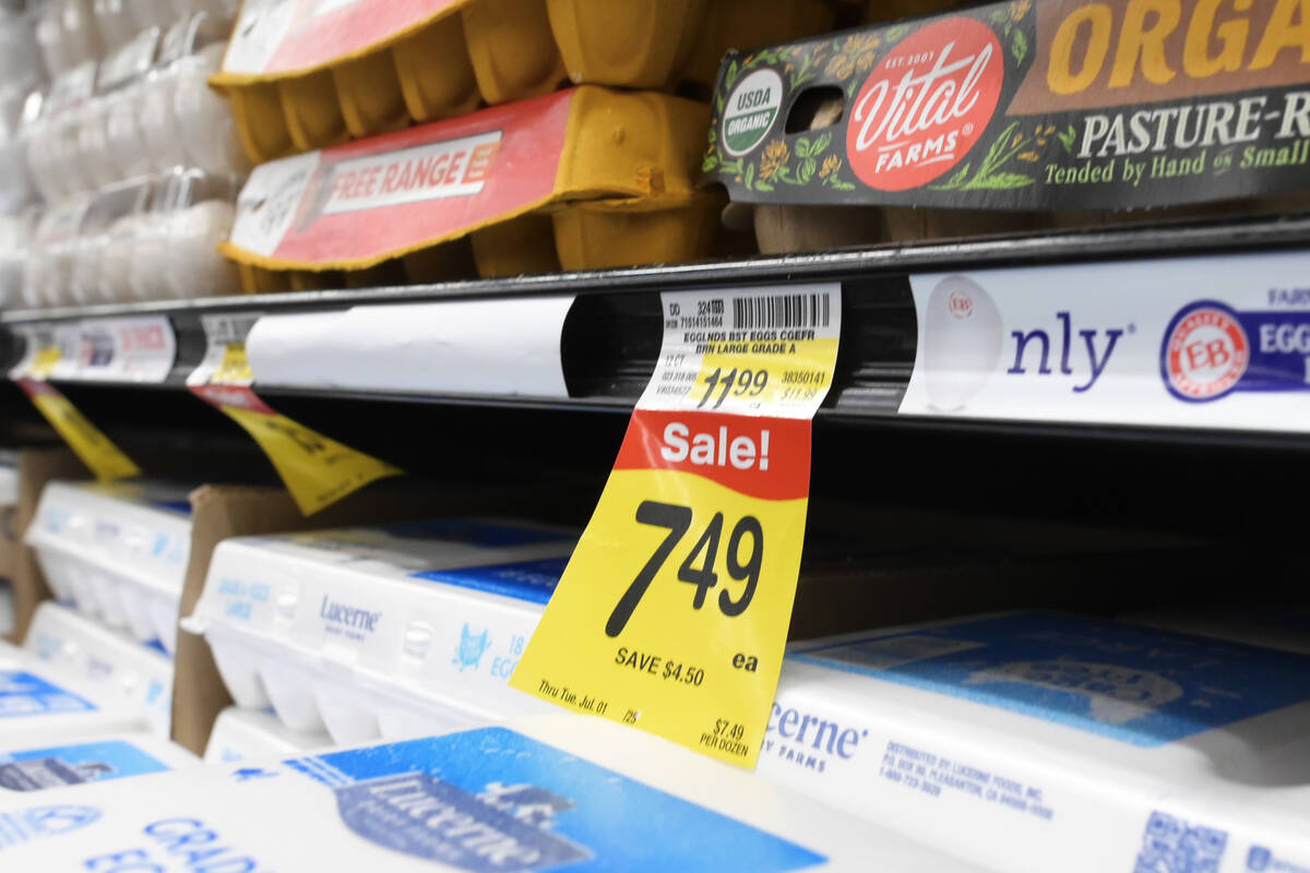 Eggs are seen on display at an Albertson’s store Tuesday, January 7, 2025, in Las Vegas. ...