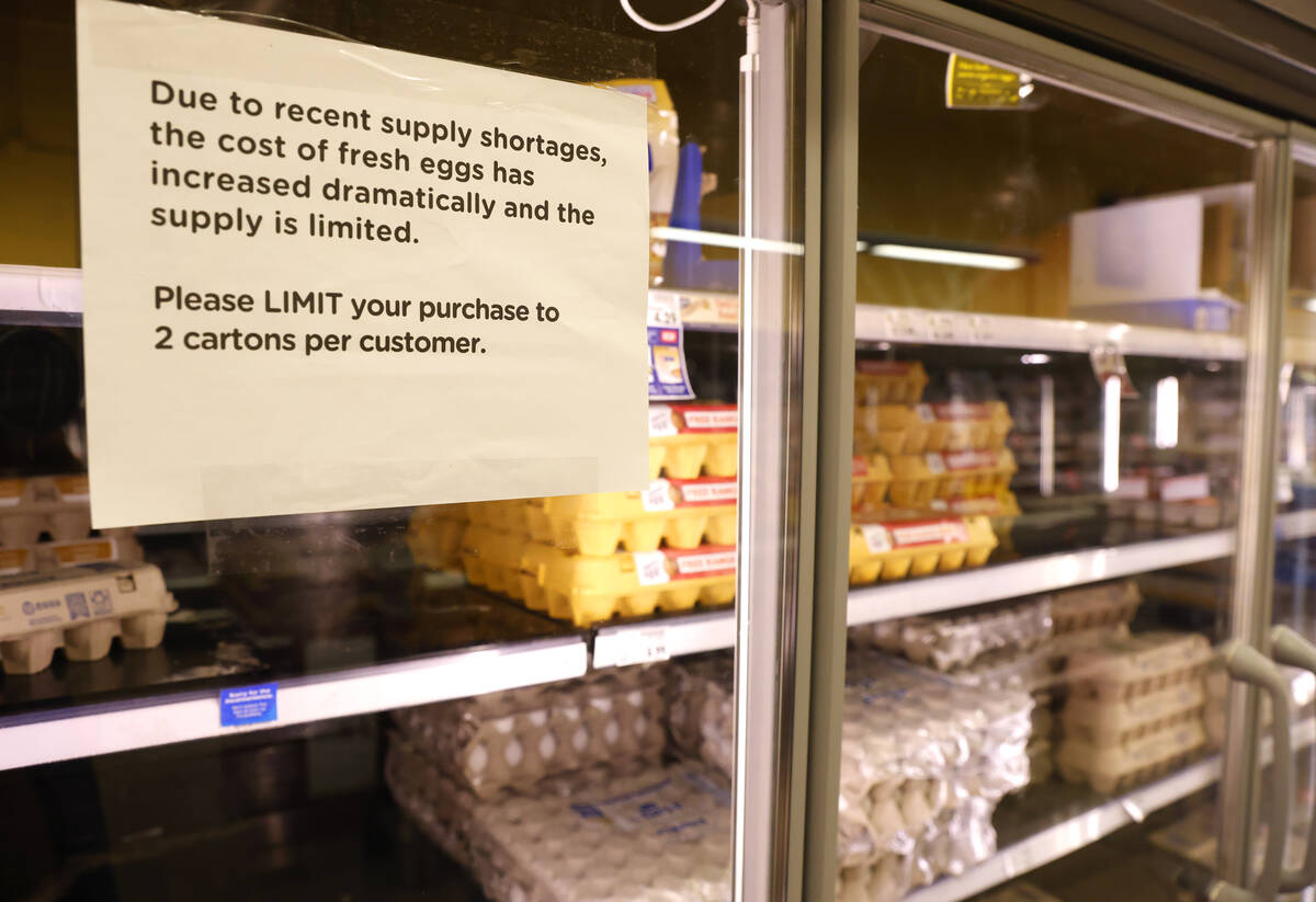 A sign notifying a supply shortage of fresh eggs is posted in the egg section at a Las Vegas Sm ...