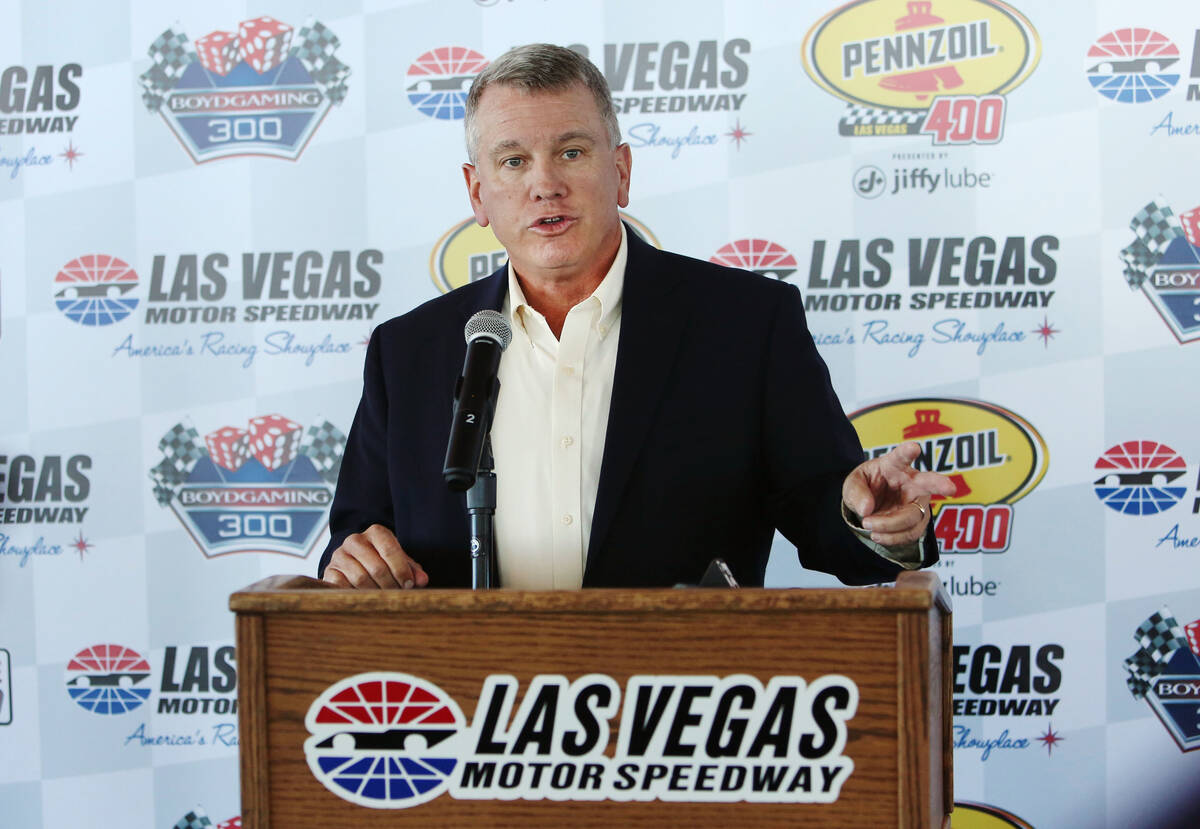 Las Vegas Motor Speedway President, Chris Powell, speaks during a press conference at LVMS on T ...