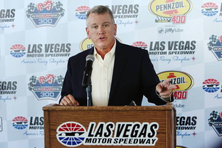 Las Vegas Motor Speedway President, Chris Powell, speaks during a press conference at LVMS on T ...