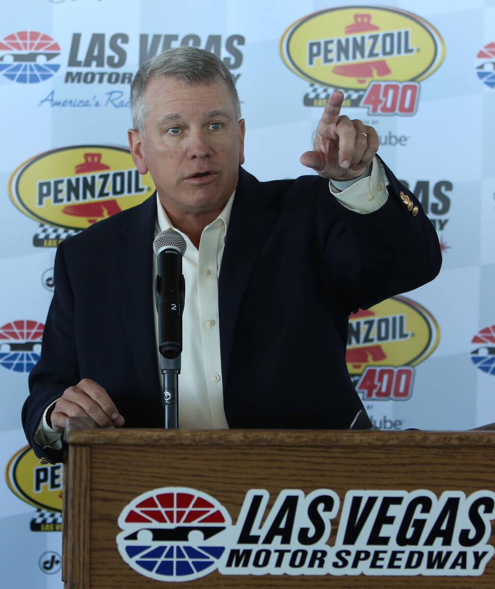 Las Vegas Motor Speedway President, Chris Powell, speaks during a press conference at LVMS on T ...