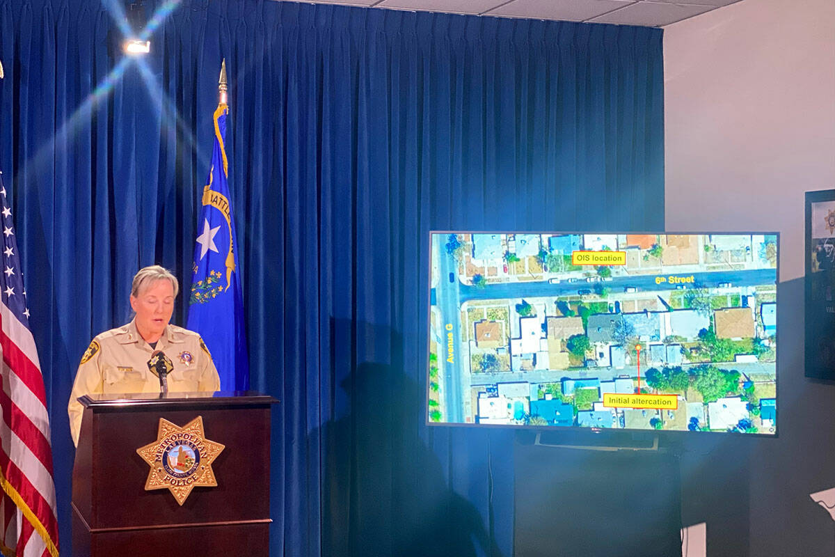 Assistant Sheriff Jamie Prosser discusses an officer-involved shooting in Boulder City at a pre ...