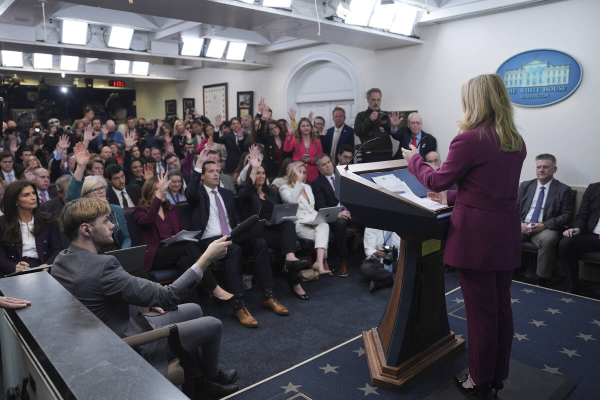 White House press secretary Karoline Leavitt speaks during a briefing at the White House, Tuesd ...