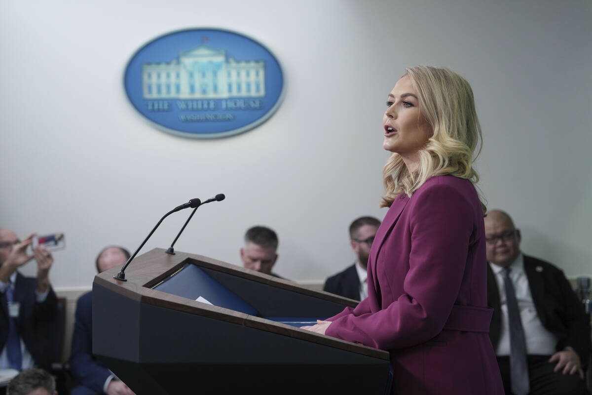 White House press secretary Karoline Leavitt speaks during a briefing at the White House, Tuesd ...