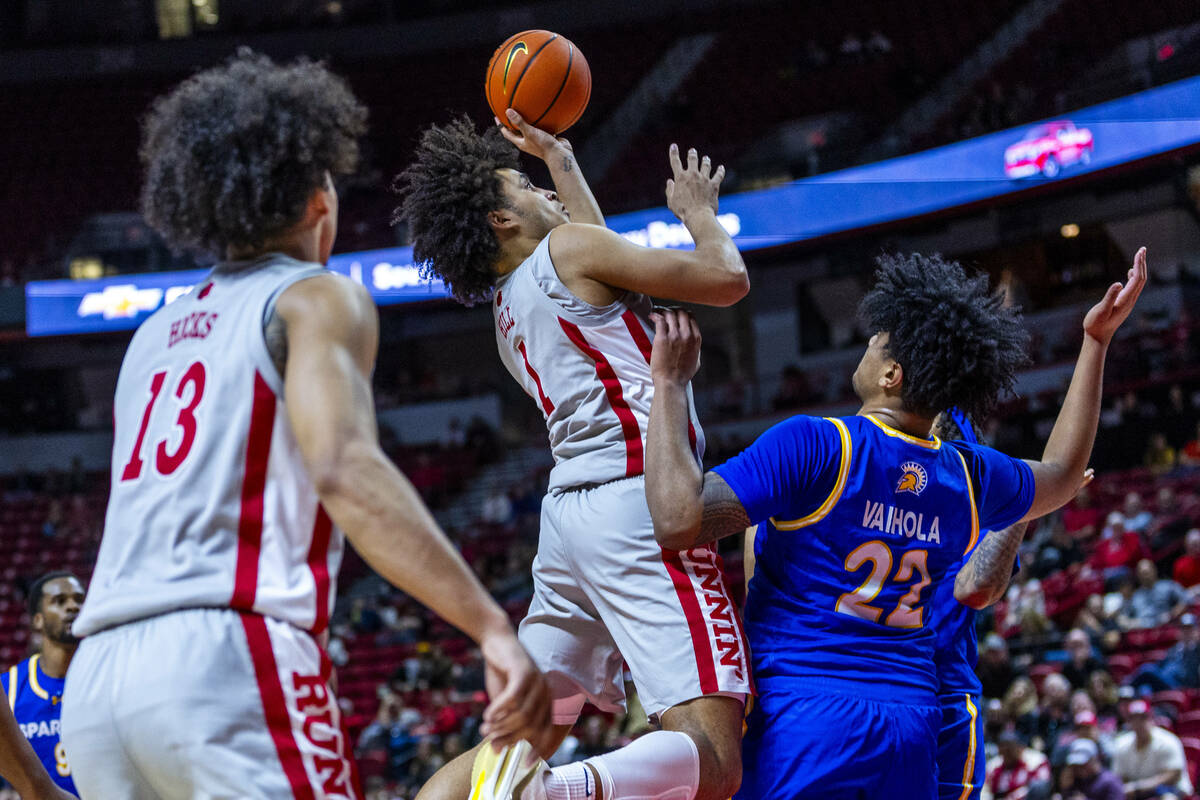 UNLV forward Jalen Hill (1) elevates to shoot over San Jose State Spartans center Robert Vaihol ...