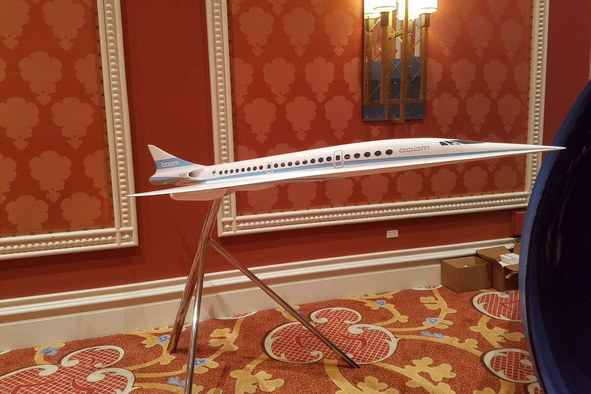 A model of Boom Supersonic's 55-passenger airliner was on display at the Boyd Group Internation ...