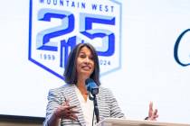 Gloria Nevarez, commissioner of the Mountain West Conference, speaks during football media days ...