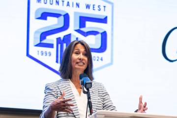 Gloria Nevarez, commissioner of the Mountain West Conference, speaks during football media days ...