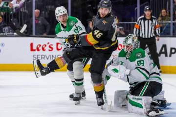 Golden Knights right wing Jonas Rondbjerg (46) and Dallas Stars defenseman Esa Lindell (23) wat ...