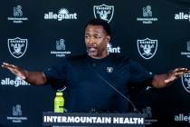 Raiders defensive coordinator Patrick Graham answers a question in a media interview during the ...