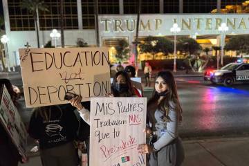 High school students Karen Pina, 14, and Yareli Nunoz, 15, protest President Donald Trump's imm ...