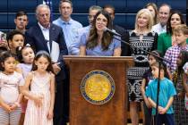 Valeria Gurr, Nevada School Choice Coalition, speaks during a "school choice" rally as Gov. Joe ...