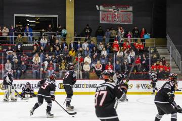 UNLV players warm up before the club hockey team faces the Jamestown Jimmies during their game ...