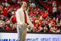 Rebels basketball coach Kevin Kruger reacts during a game against the New Mexico Lobos at the T ...