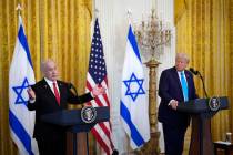 President Donald Trump and Prime Minister Benjamin Netanyahu of Israel hold a join press confer ...