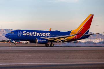 A Southwest Airlines flight lands at Harry Reid International Airport, Tuesday, Nov. 19, 2024, ...