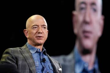 Jeff Bezos speaks at the the Amazon re:MARS convention in Las Vegas in 2019. (AP Photo/John Locher)