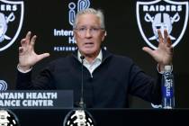 Pete Carroll speaks after being introduced as the new Raiders head coach during a press confere ...