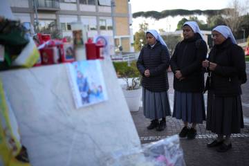 Nuns pray at the Agostino Gemelli Polyclinic, in Rome, Friday, Feb. 28, 2025 where Pope Francis ...