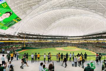 An artist rendering of the Athletics' planned Las Vegas ballpark shown during a March 6, 2025 L ...