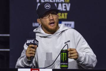 Lightweight fighter Justin Gaethje answers a question during the UFC 313 press conference at th ...