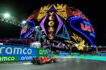 Ferrari driver Charles Leclerc navigates turns near the Sphere during the Formula One opening p ...